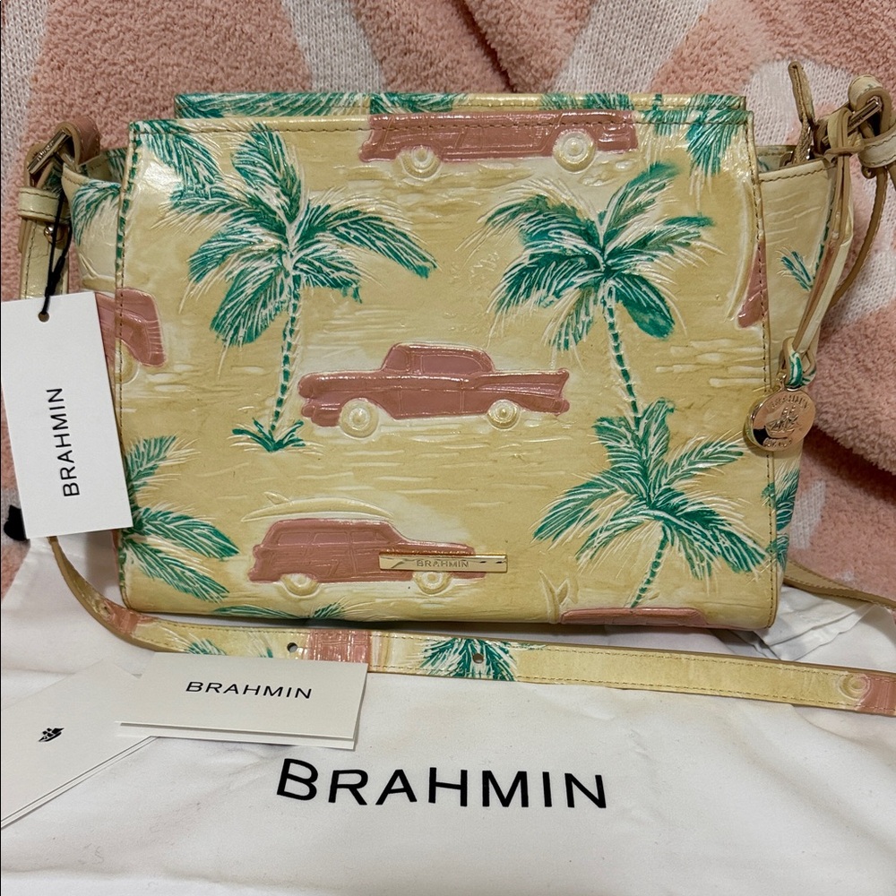 Brahmin Tropical Palm and Car Print Crossbody Bag Genuine Leather New With Tags